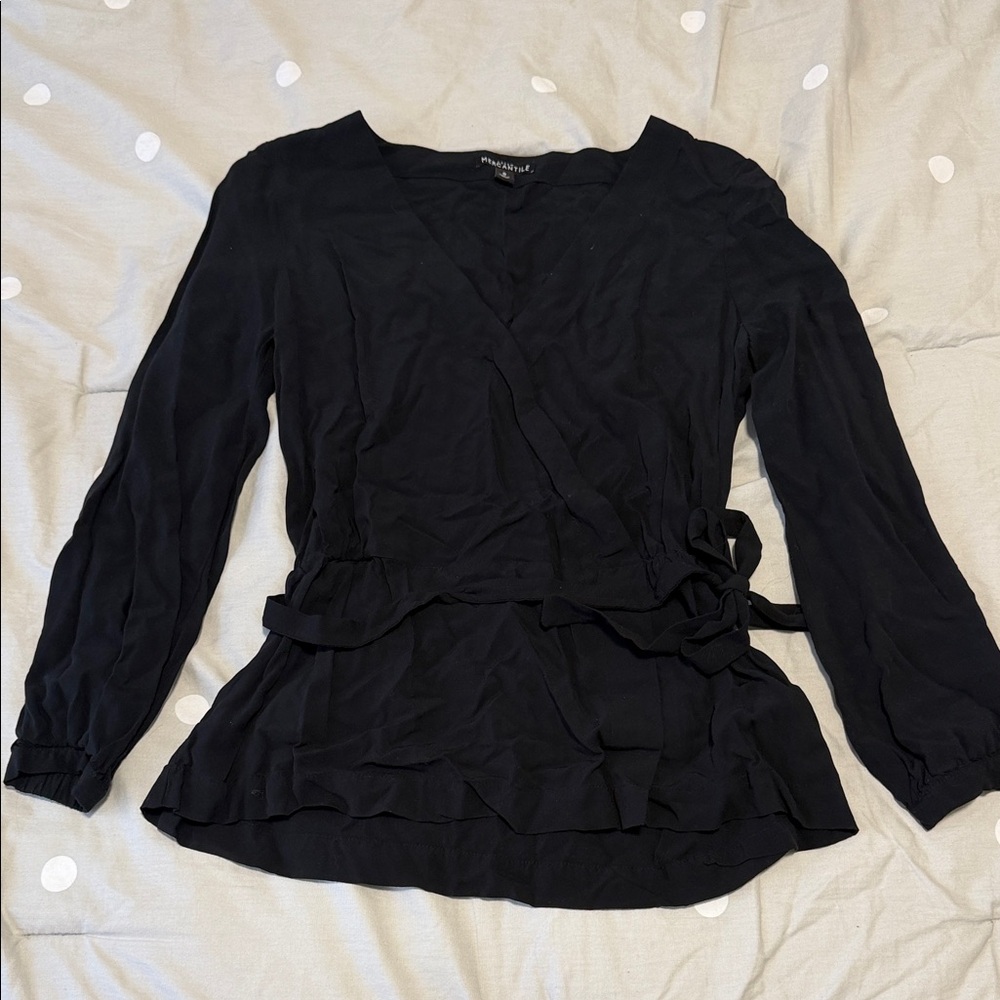 J. Crew Factory Black Wrap Peplum Blouse with Side Tie